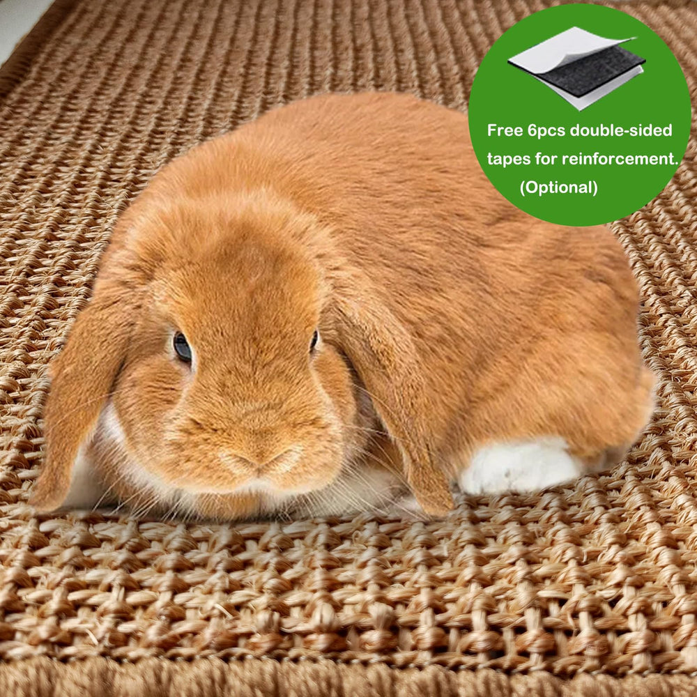 Mooydee rabbit scratching pad in cage setup illustrates dual-use as mat and rest spot
