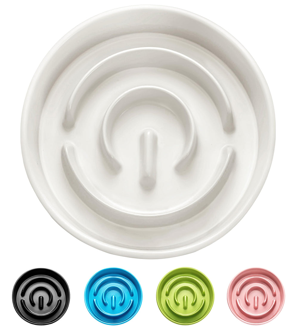 MOPANG ceramic slow feeder bowl shows 2-cup capacity for controlled meals.