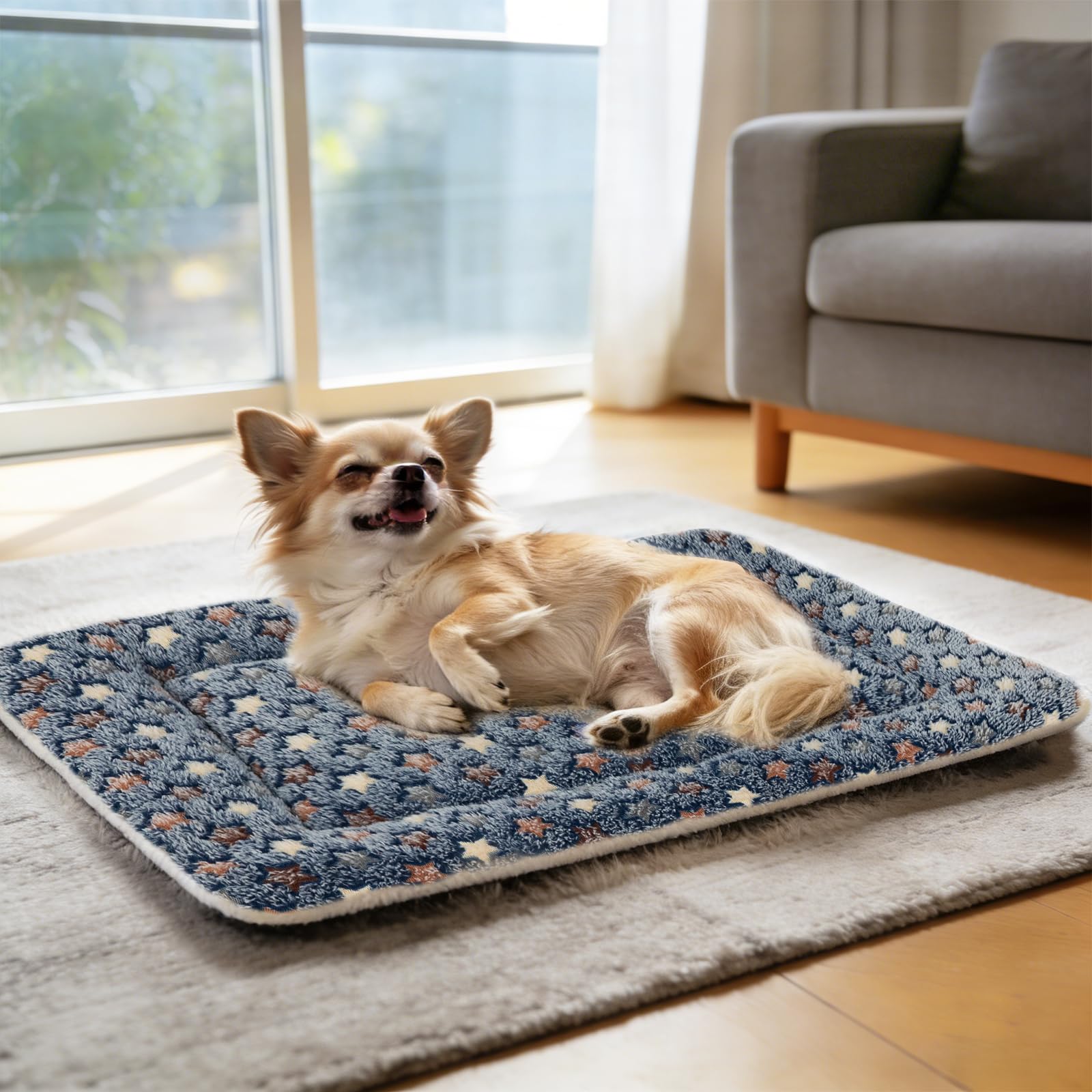 Mora Pets dog bed crate pad blue color close-up reveals plush padding.