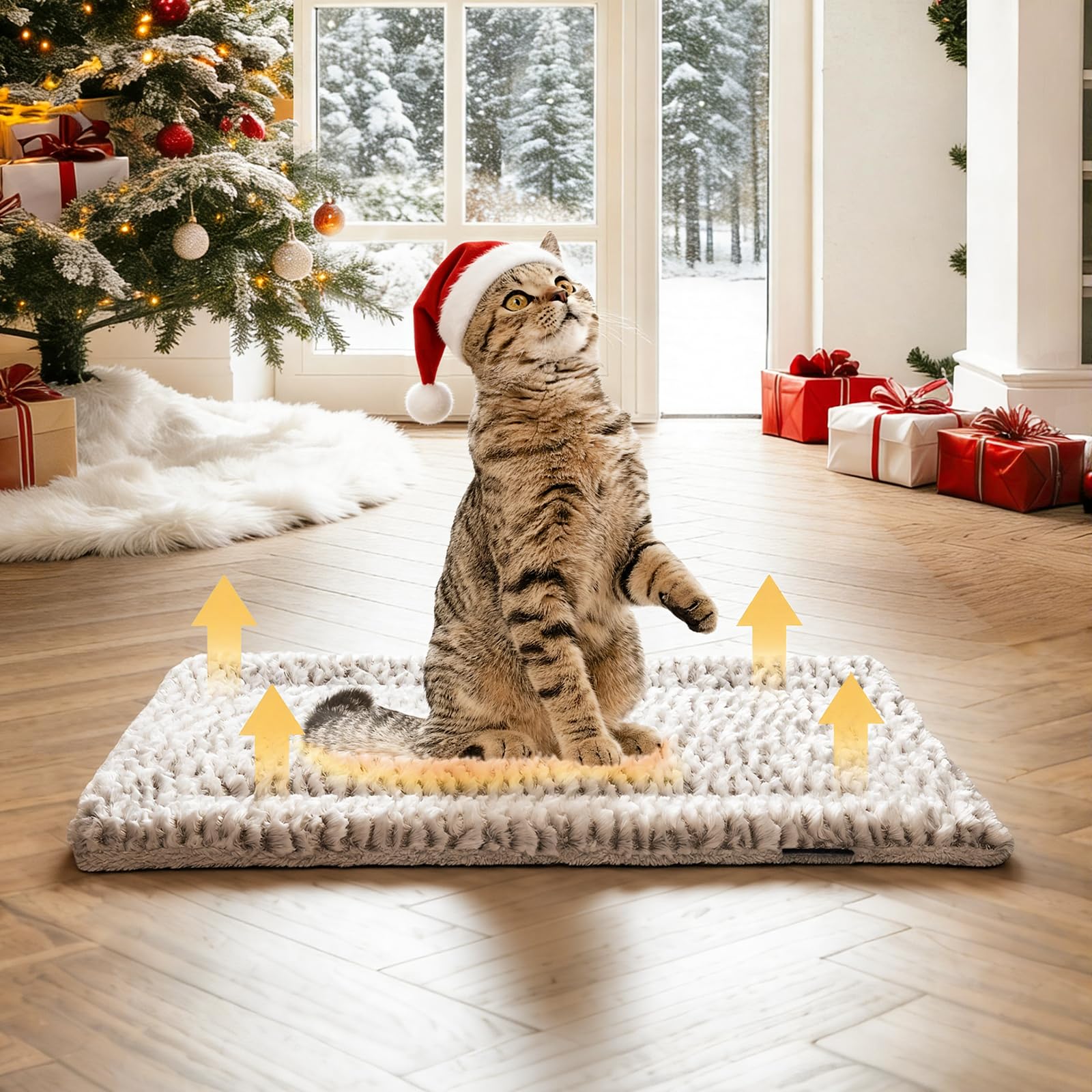 Mora Pets self-heating cat pad bed combination enabling soft, secure naps on furniture.