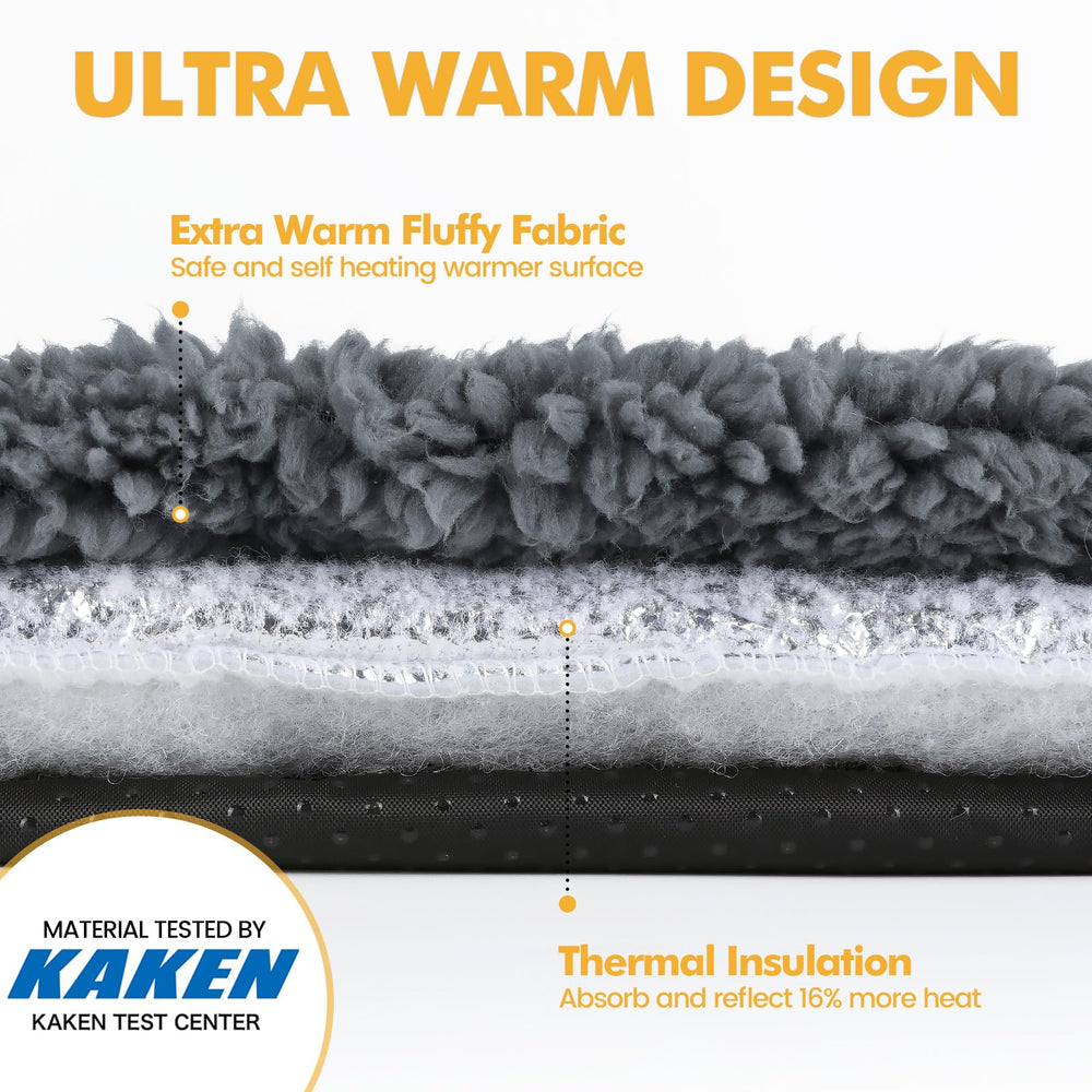 Mora Pets Self-Warming Bed thermal cover closeup highlights carbon-infused warmth technology.