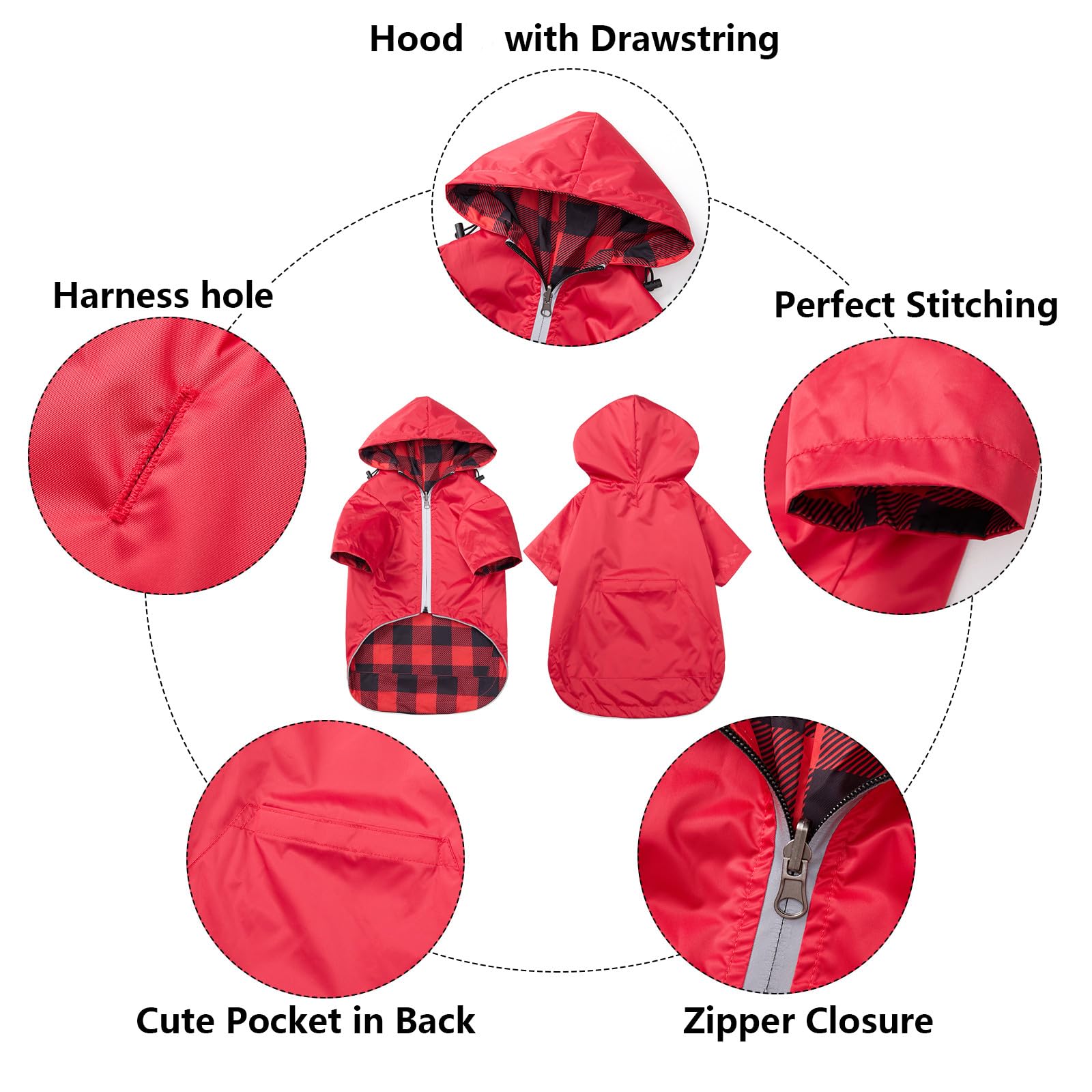 Morezi dog raincoat red back pocket offers convenient reach for small items