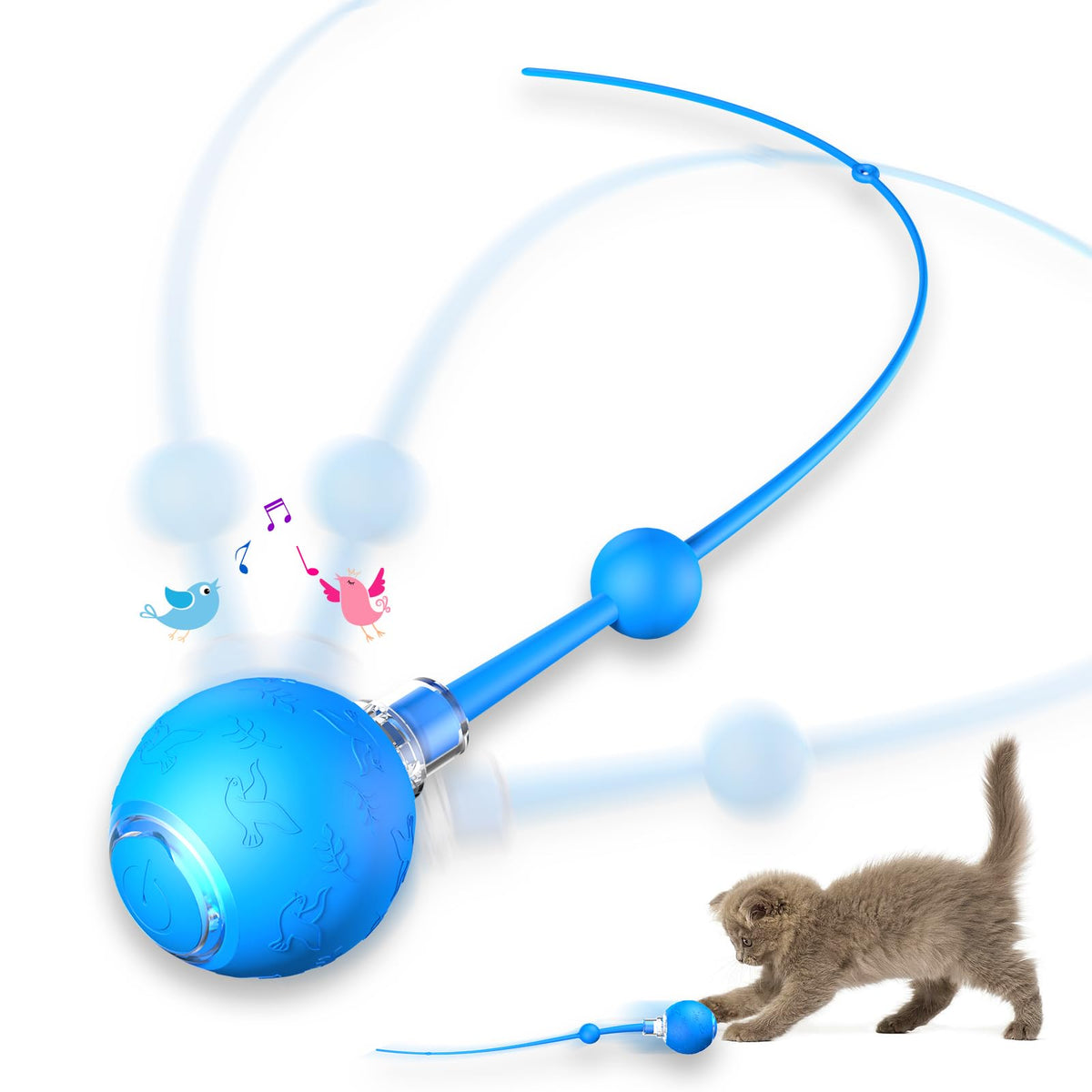 morhandisn interactive cat ball front view shows motion-activation and blue LED lights