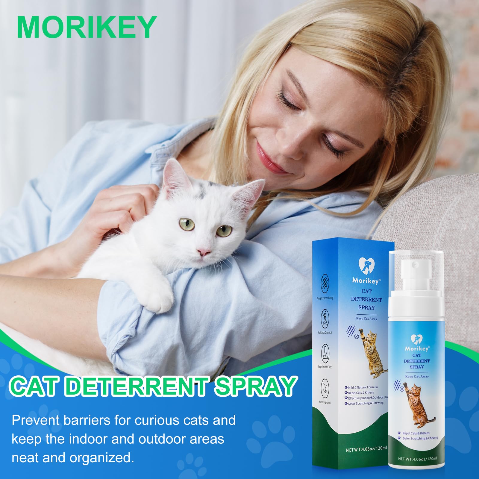 Morikey cat deterrent spray with citrus scent demonstrates versatile indoor use.
