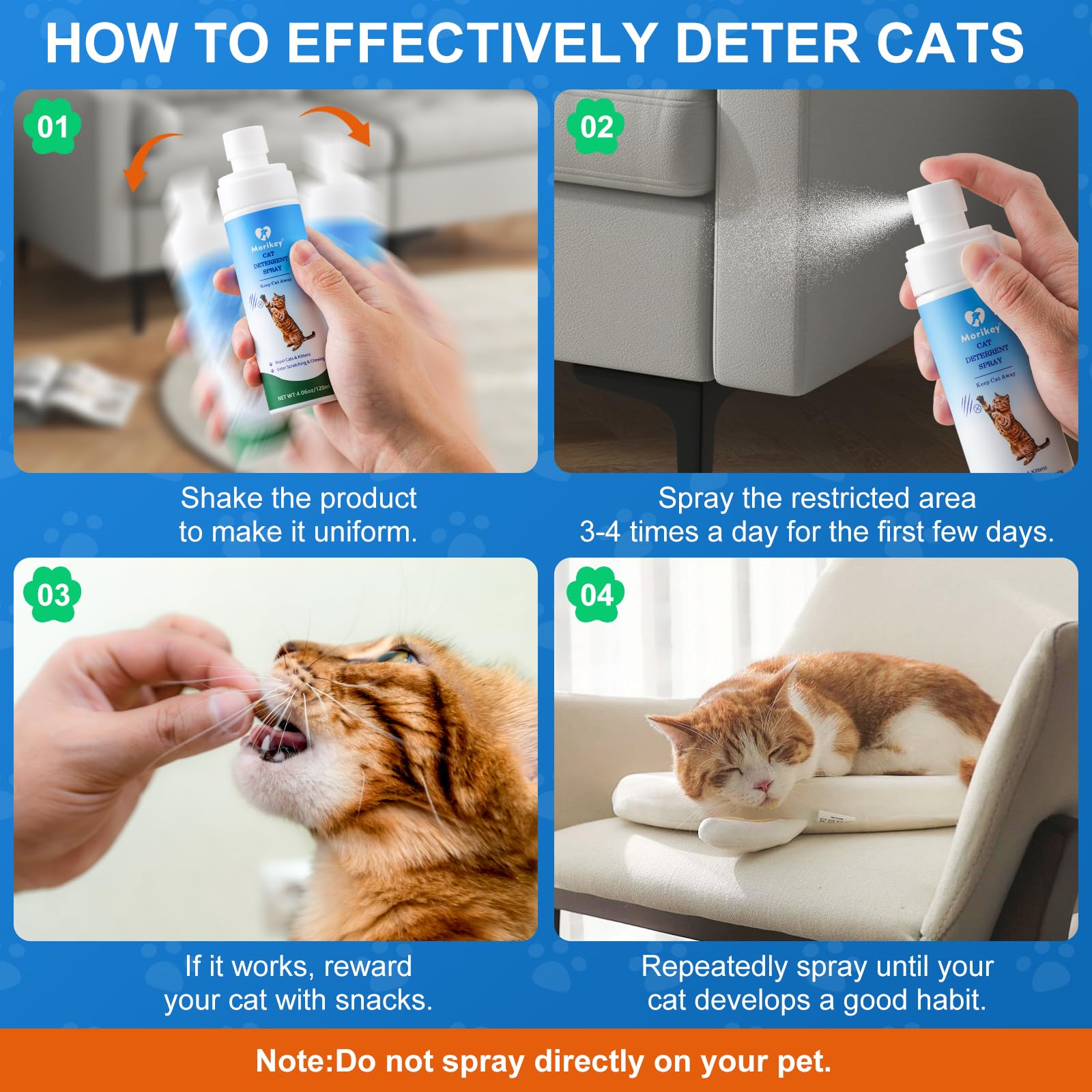 Morikey cat deterrent spray shown for kittens and cats during training.