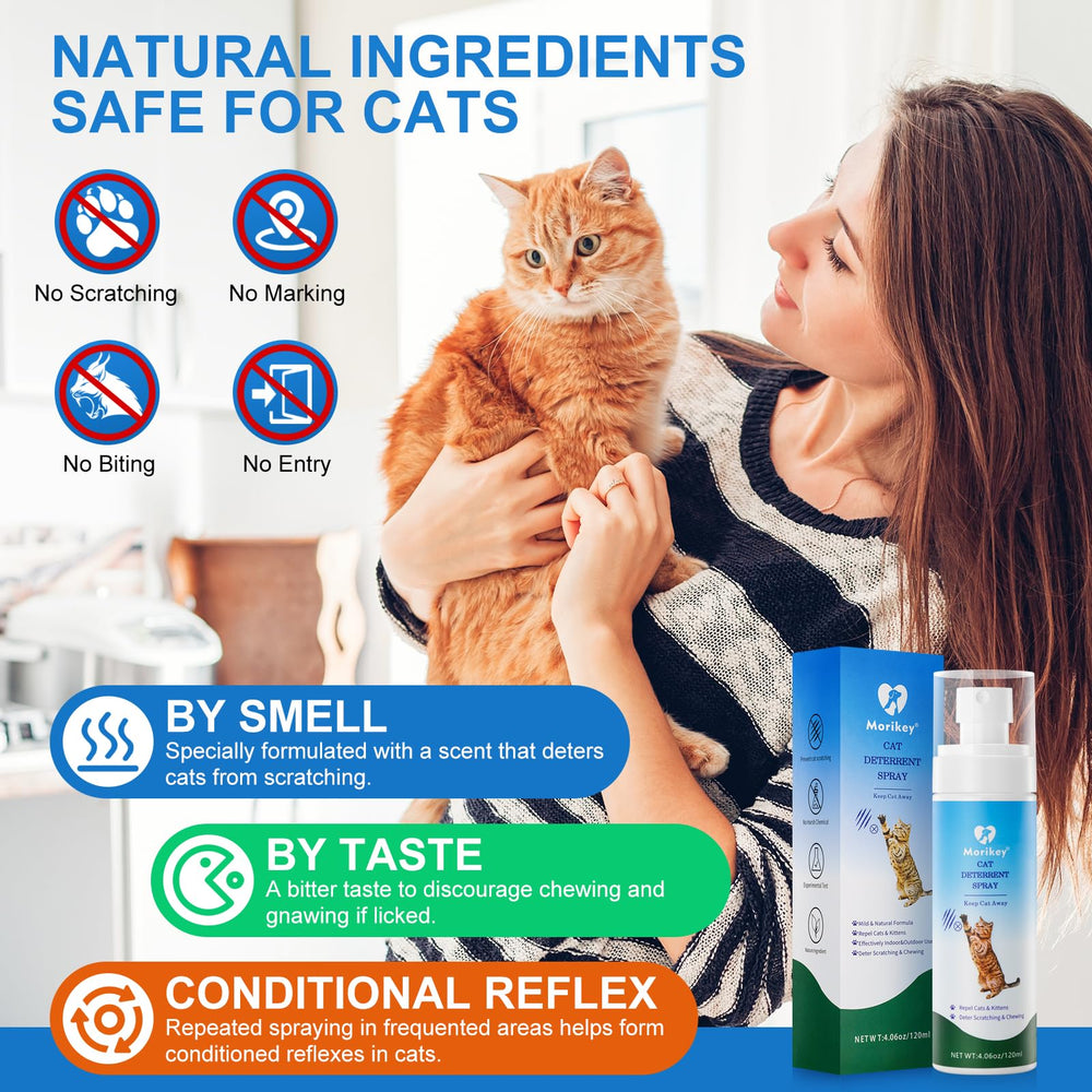 Morikey cat deterrent spray applied to plants and garden areas for pet-friendly protection.