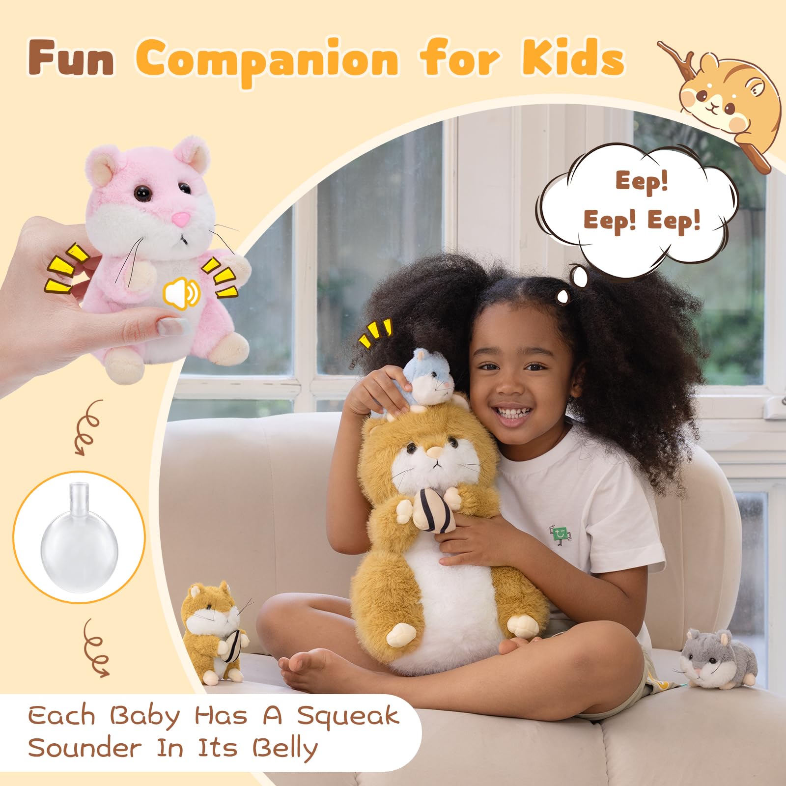 MorisMos 13 Inch Hamster Plush close up showing lifelike fur and pose for pretend play.