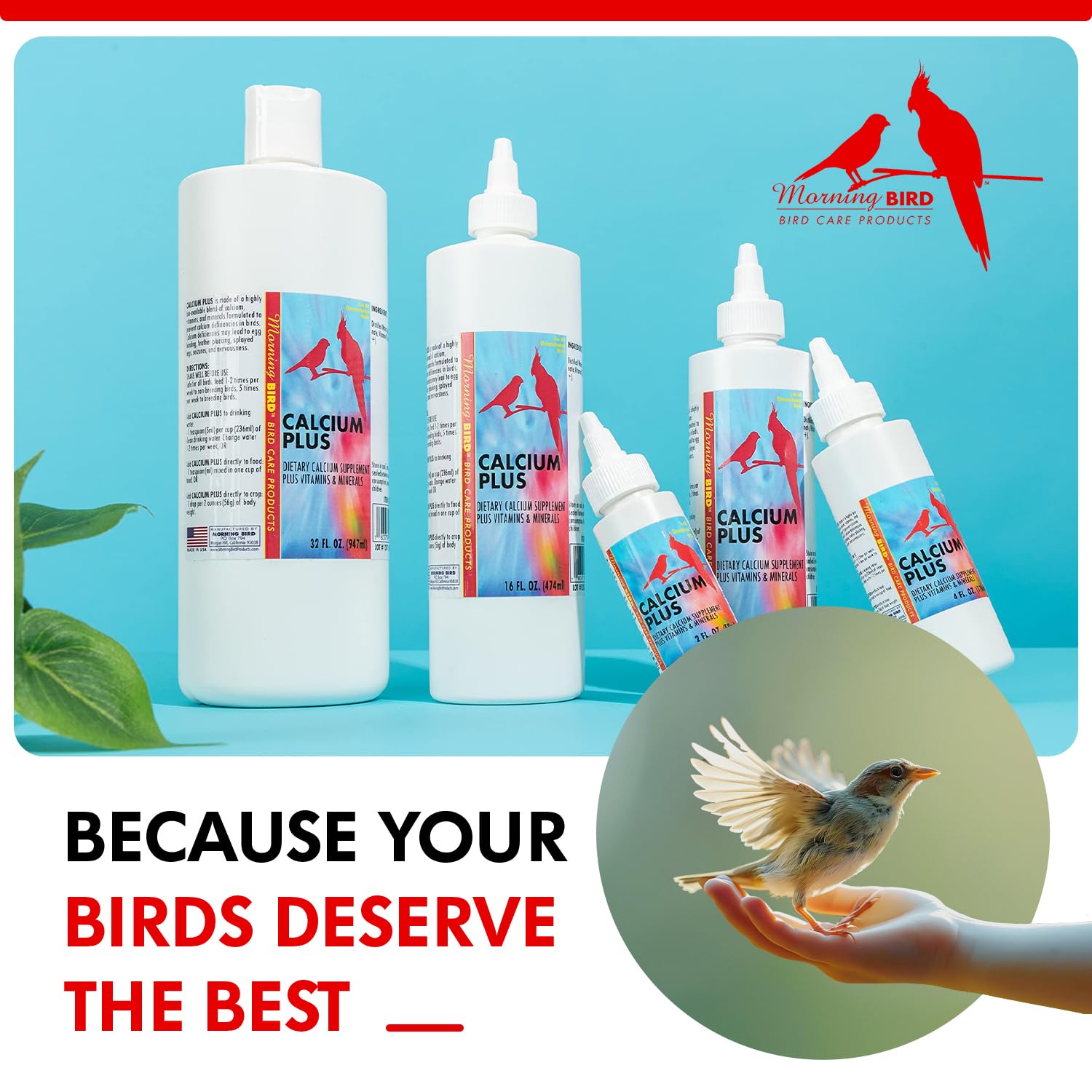 Morning Bird Calcium Plus Liquid used with birds to support growth and wellness.