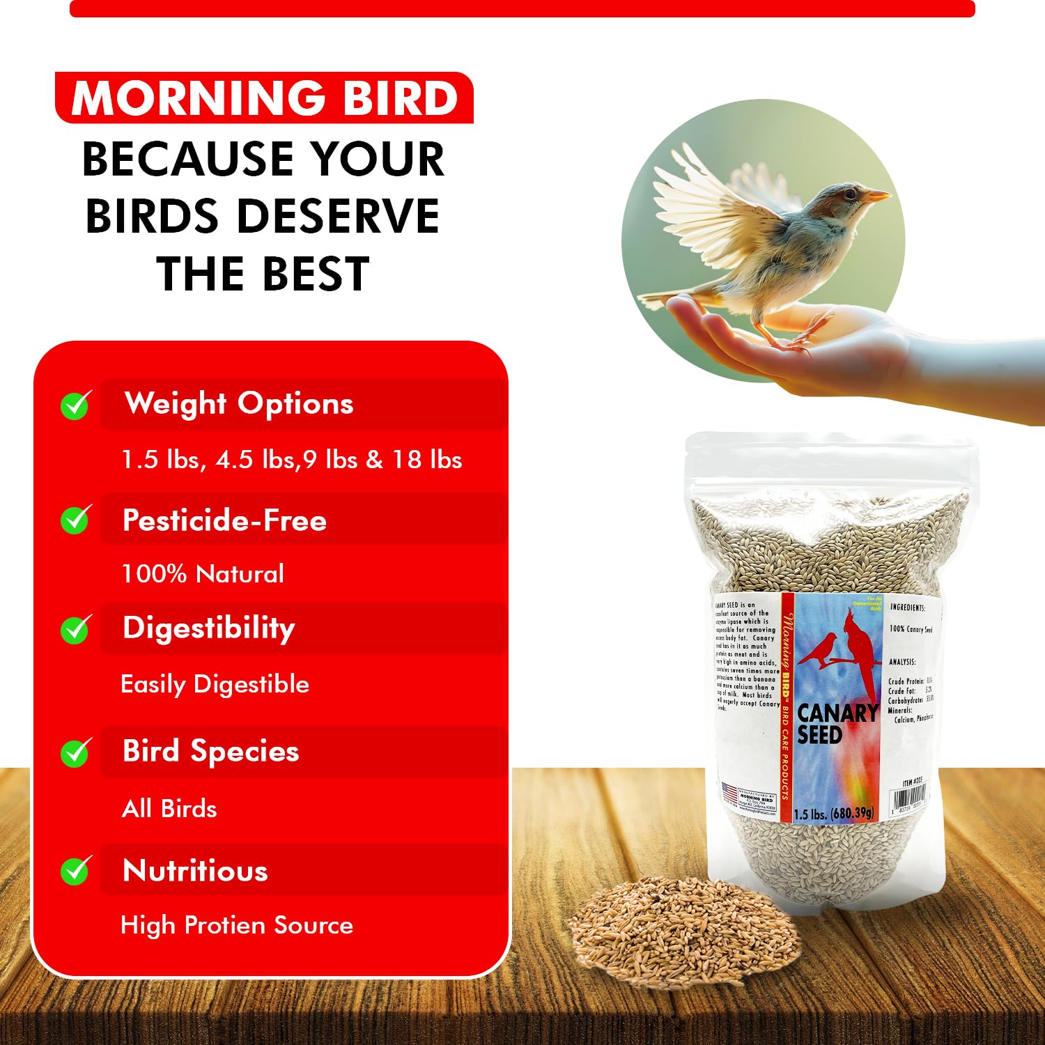Morning Bird Canary Seed packaging 1-5 lbs shows convenient seed supply for households