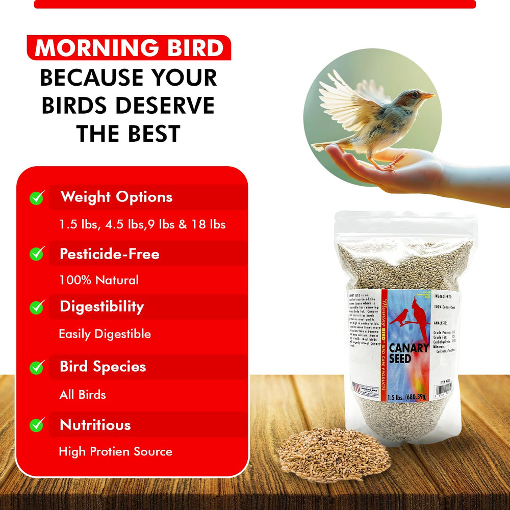 Morning Bird Canary Seed packaging 1-5 lbs shows convenient seed supply for households