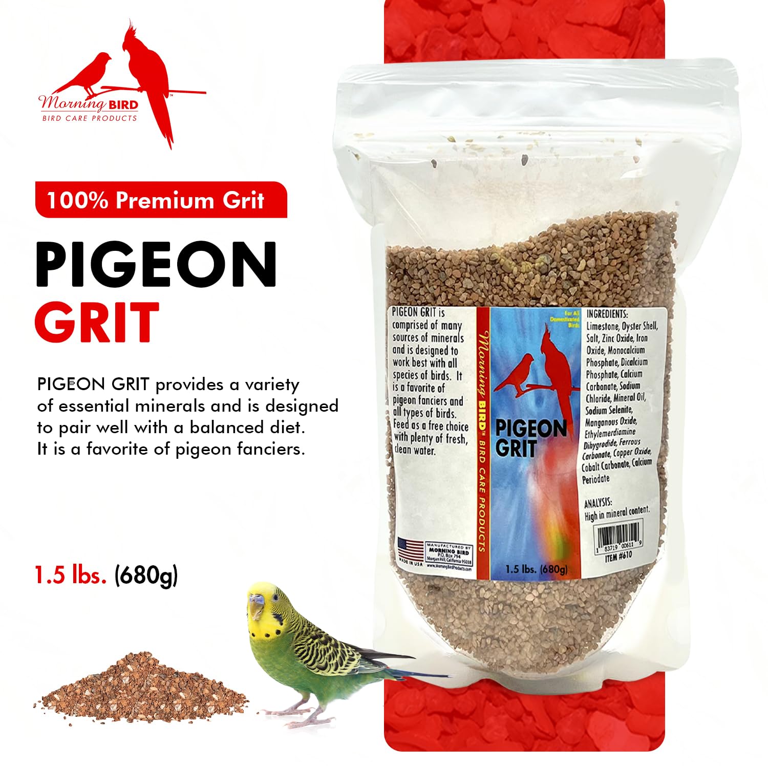 Morning Bird Pigeon Grit scoop shown for easy portioning.