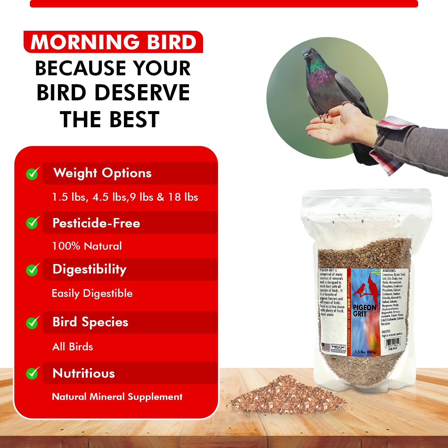 Morning Bird Pigeon Grit poured into a feeder for daily use.