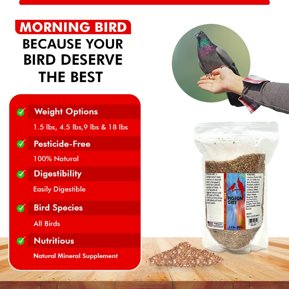 Morning Bird Pigeon Grit poured into a feeder for daily use.