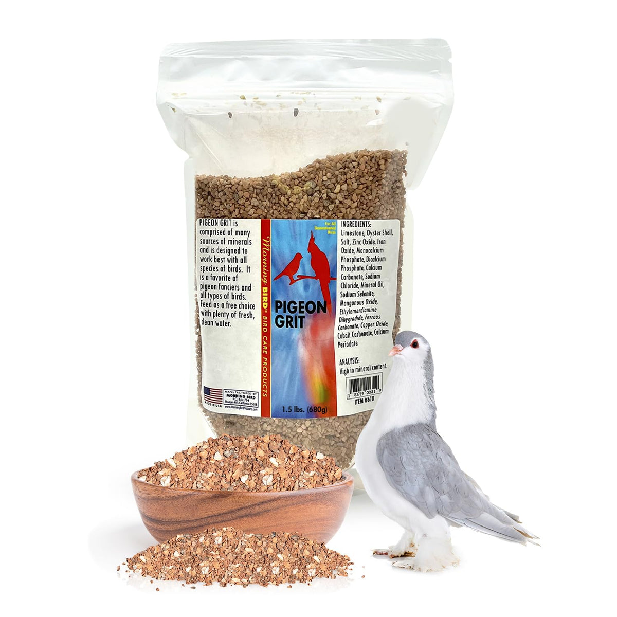 Morning Bird Pigeon Grit resealable bag highlights freshness and storage ease.