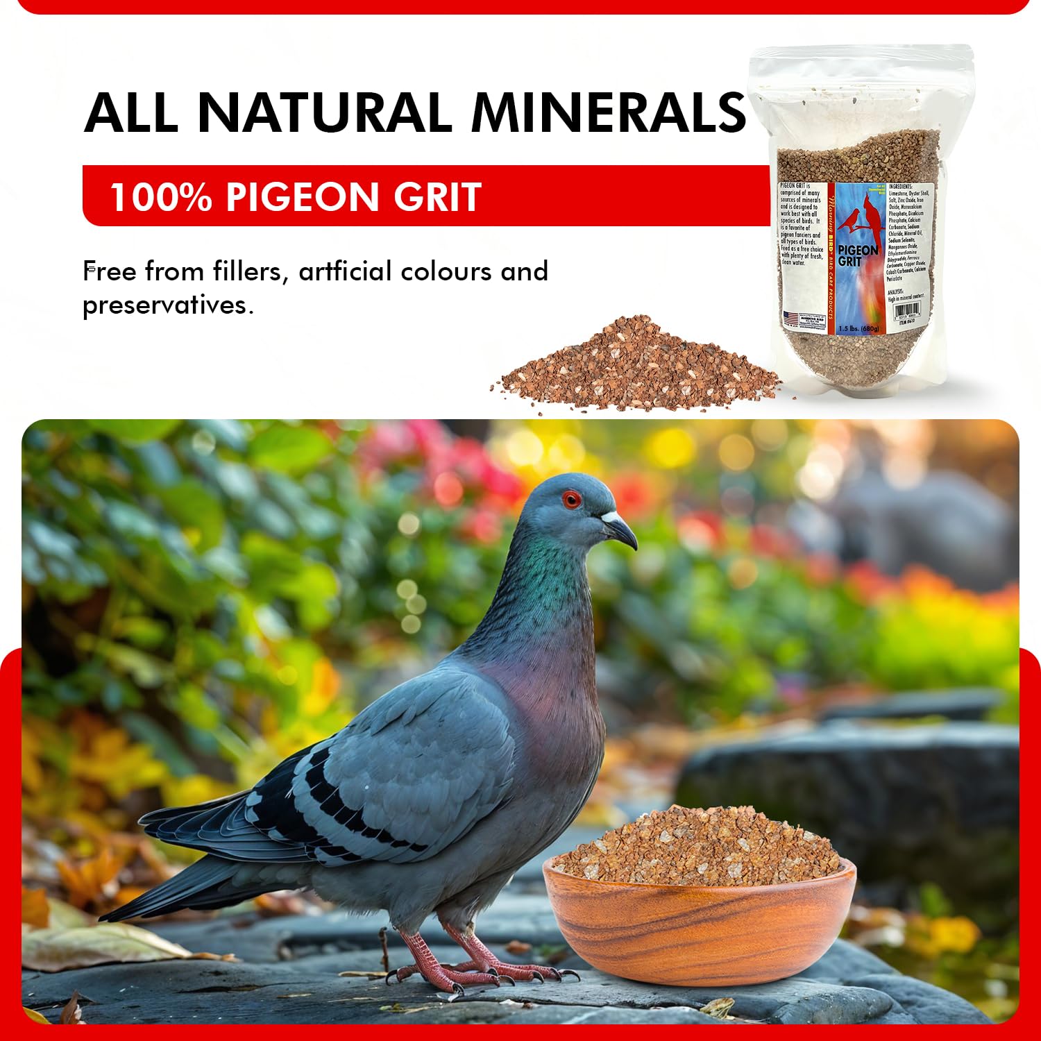 Morning Bird Pigeon Grit size options displayed for small and large flocks.