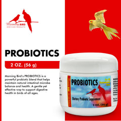 Morning Bird Probiotics jar label showcases six strains for daily bird wellness.