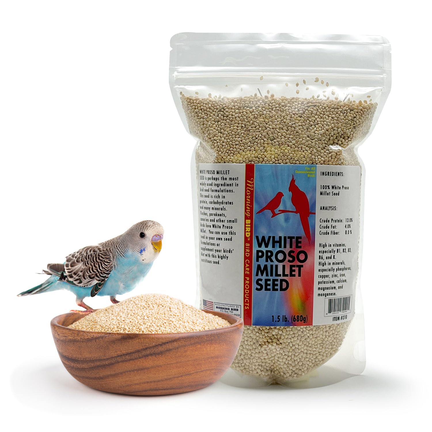 Morning Bird White Proso Millet seed bag front—fresh, natural food for healthy feather growth.