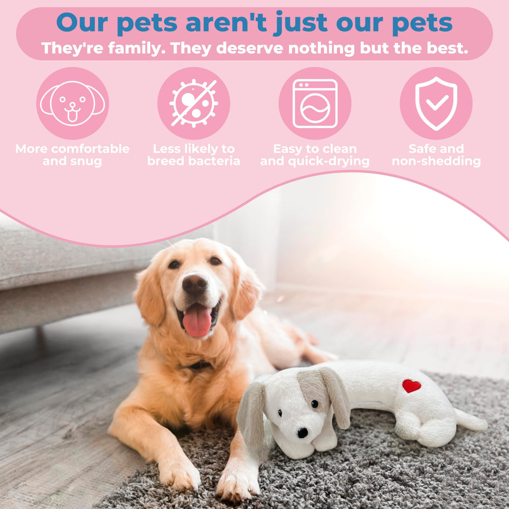 Moropaky Heartbeat Puppy Toy being cuddled on the sofa indicates non-medicated anxiety support at home.