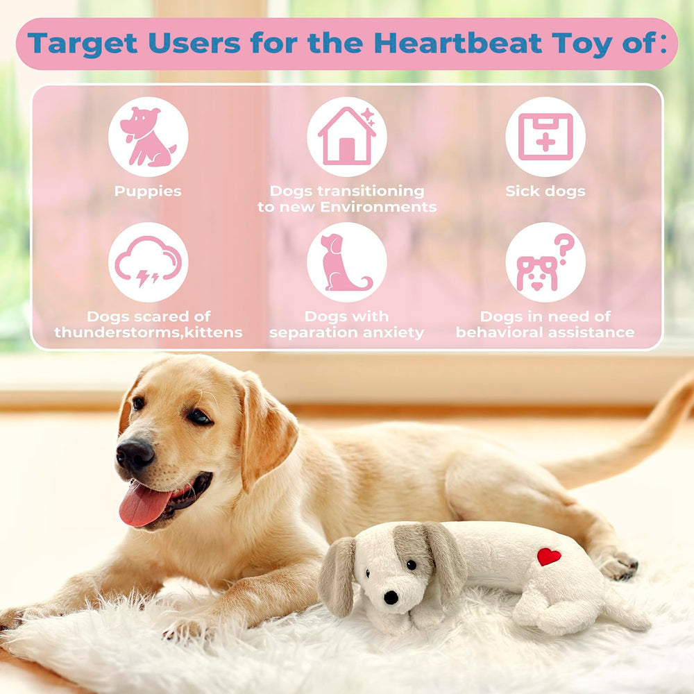 Moropaky Heartbeat Toy shown with a curious puppy when traveling suggests comforting travel companion.