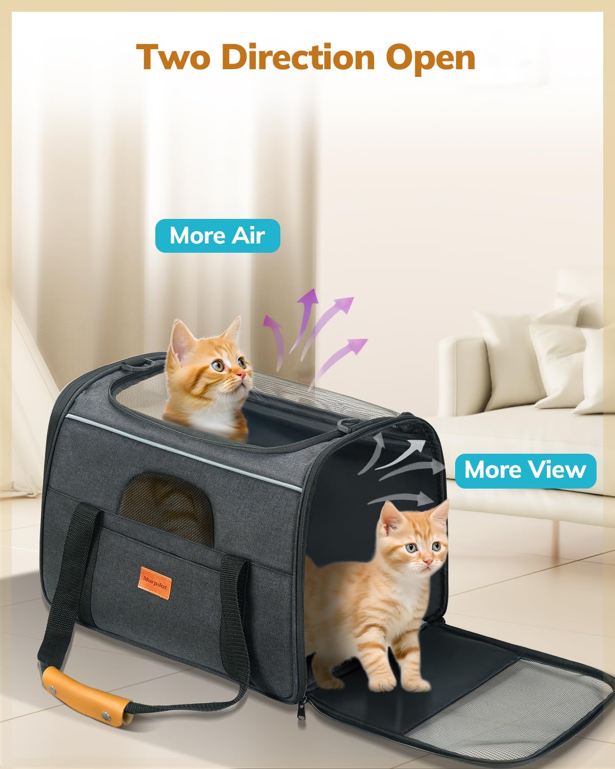 Morpilot Cat Carrier adjustable straps and leather handle for versatile carrying.