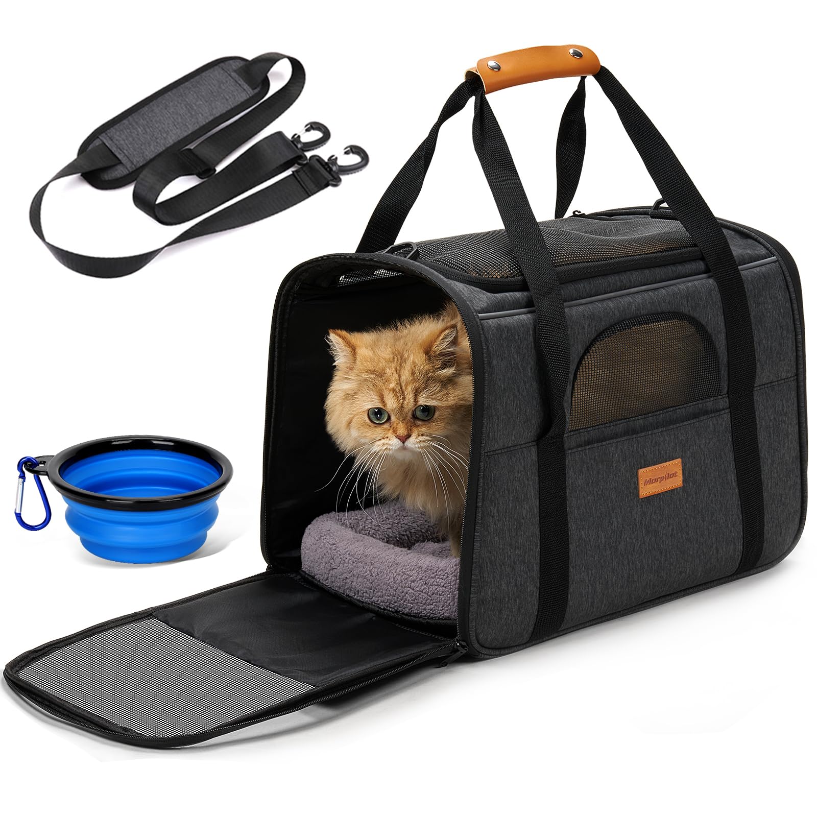 Morpilot pet travel carrier bag front view shows spacious interior for comfort