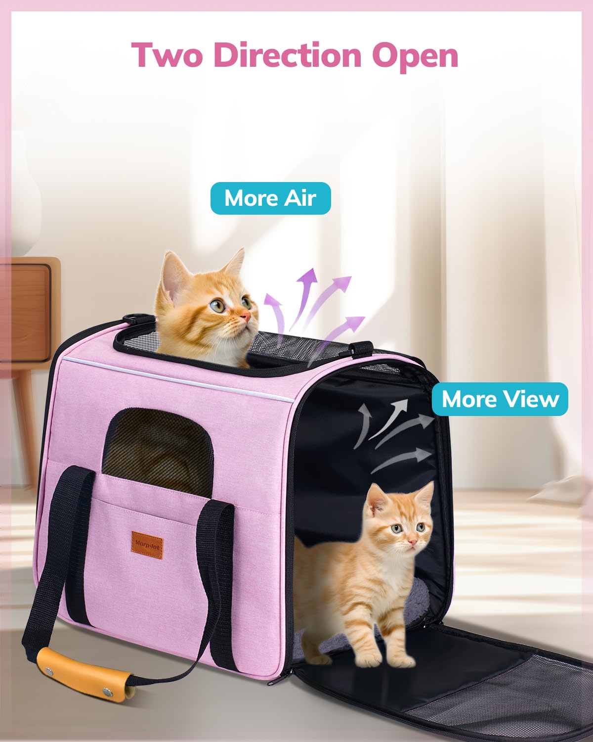 Morpilot portable cat carrier pink airline-ready view suggests flight compatibility with proper guidelines.