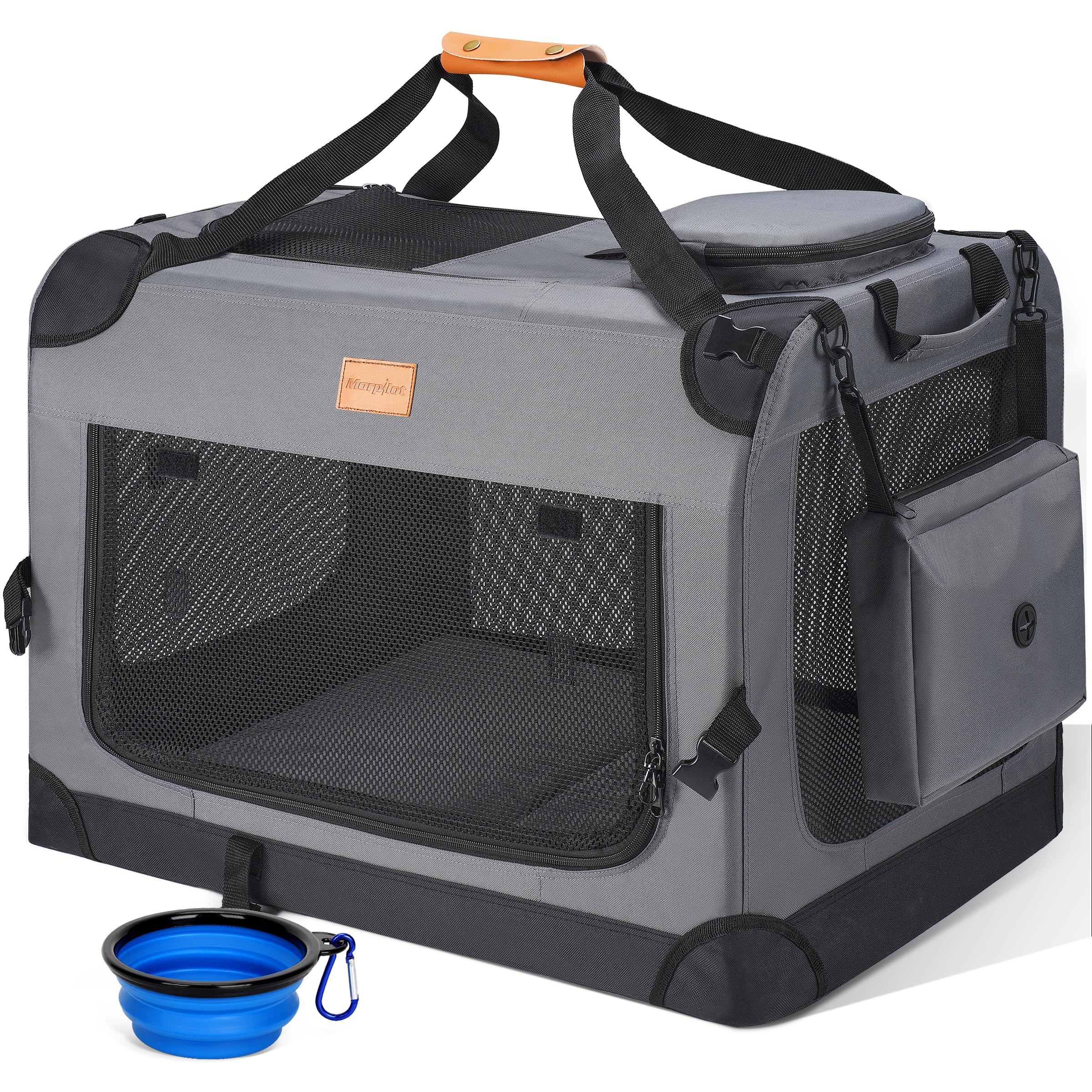 Morpilot portable collapsible dog crate shown in travel setup for quick use.