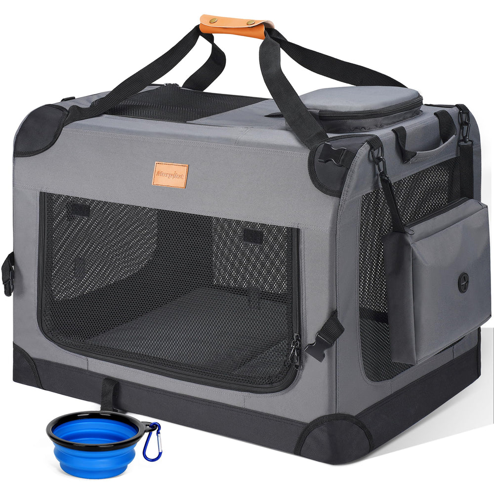 Morpilot portable collapsible dog crate shown in travel setup for quick use.