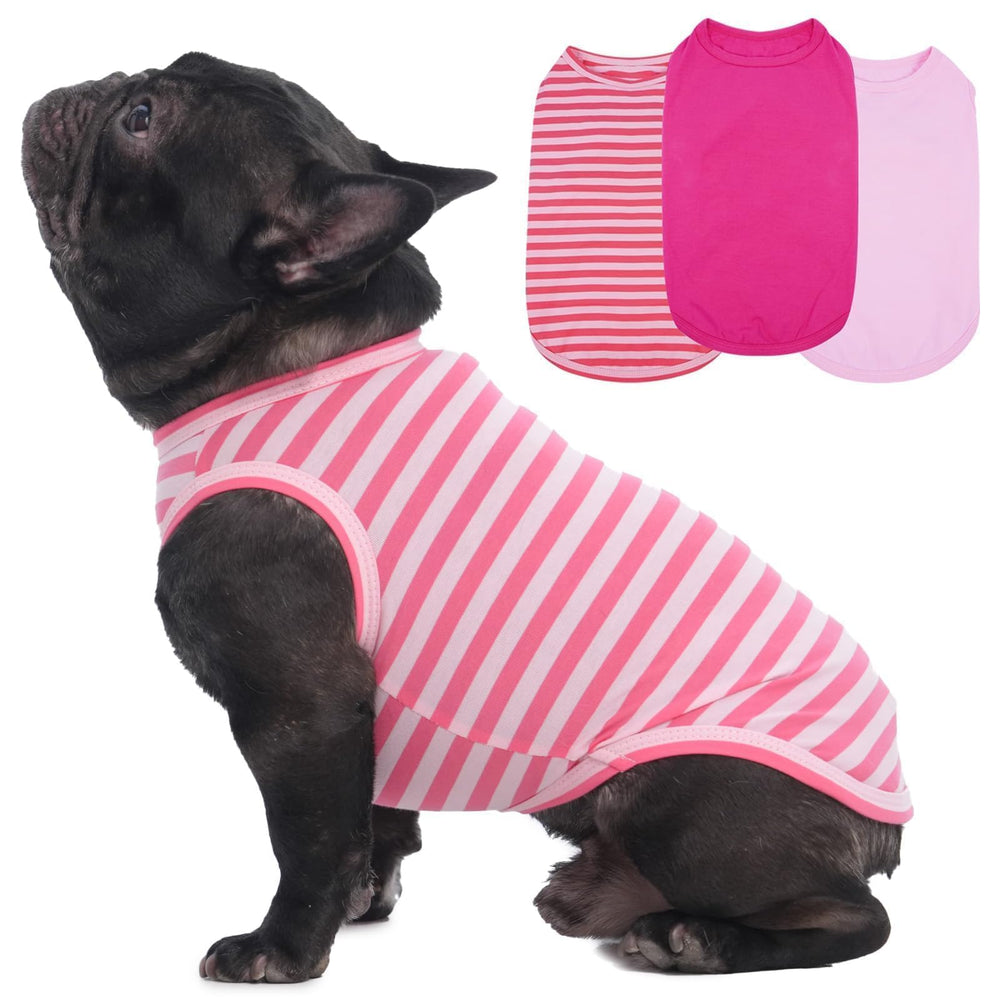 Morvigive 3-pack striped pink dog tshirt front view for cool comfort during walks