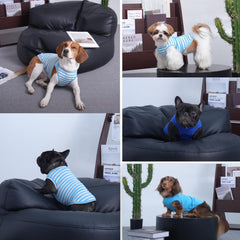 MORVIGIVE blue striped dog t-shirt side view highlights sleeveless design for freedom of movement