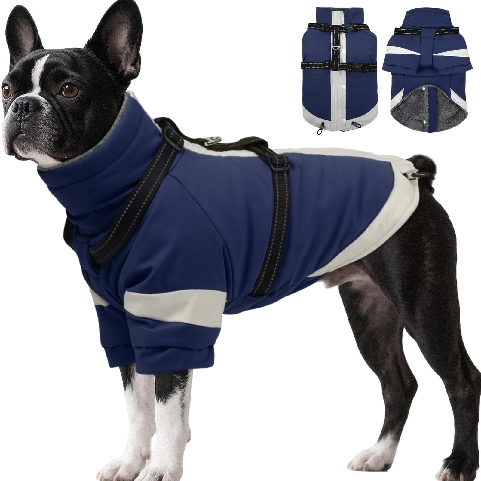 MORVIGIVE navy dog winter coat with built-in harness for secure, hands-free walks.