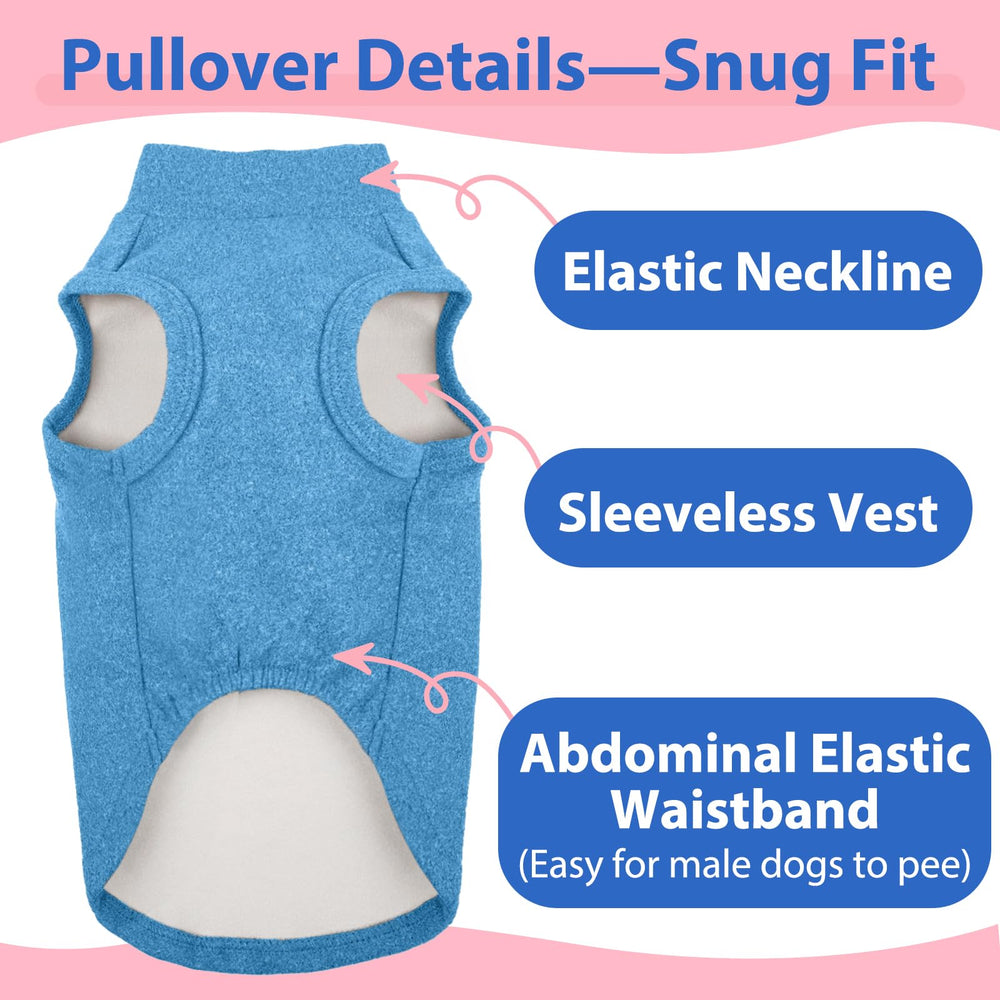 MORVIGIVE blue pullover vest for small dogs, easy on-off design.