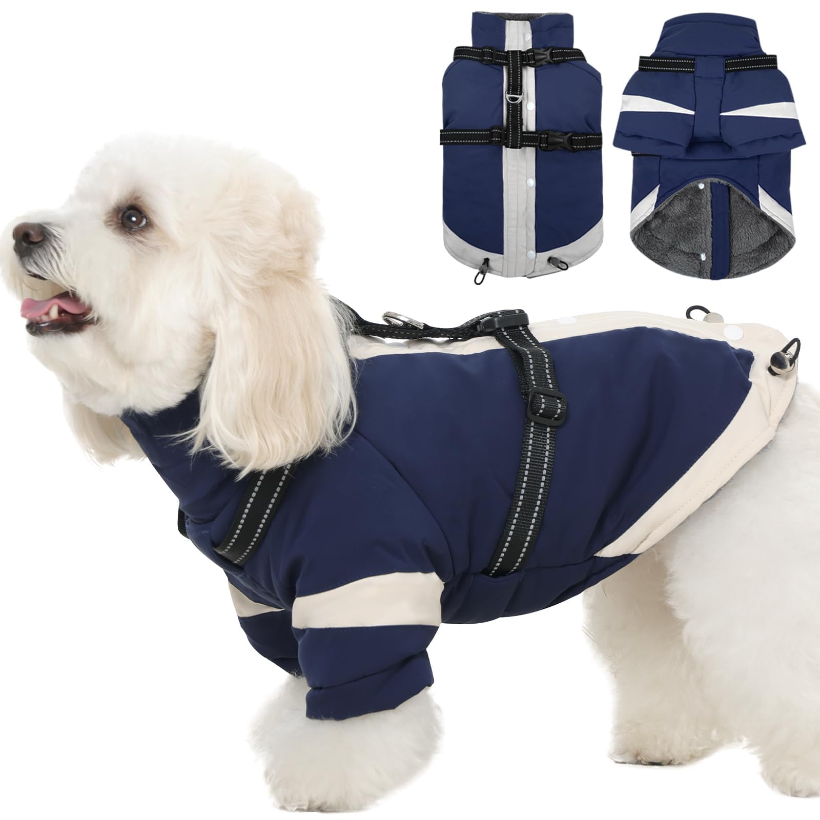 MORVIGIVE turtleneck dog coat with built-in harness for easy all-in-one winter walks.