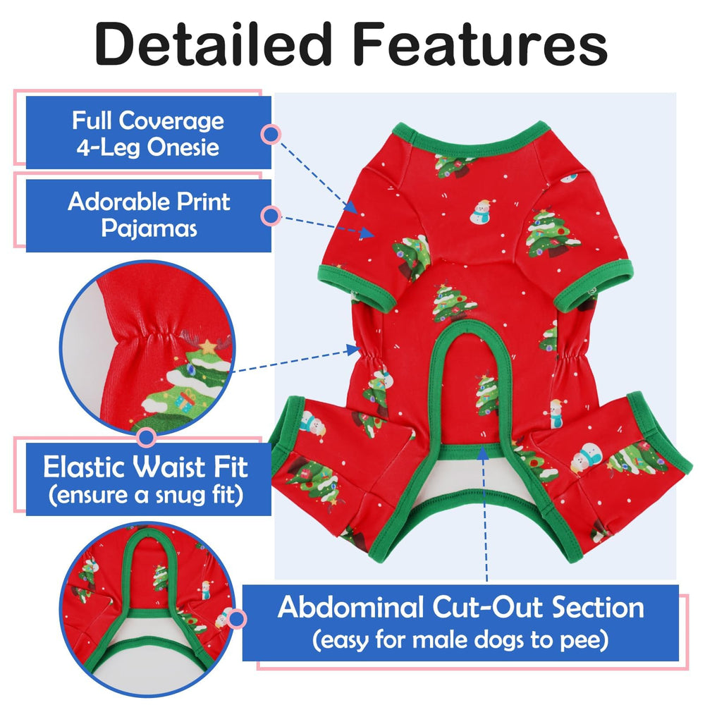 MORVIGIVE XS Christmas Dog PJS front view highlighting four-leg warm coverage