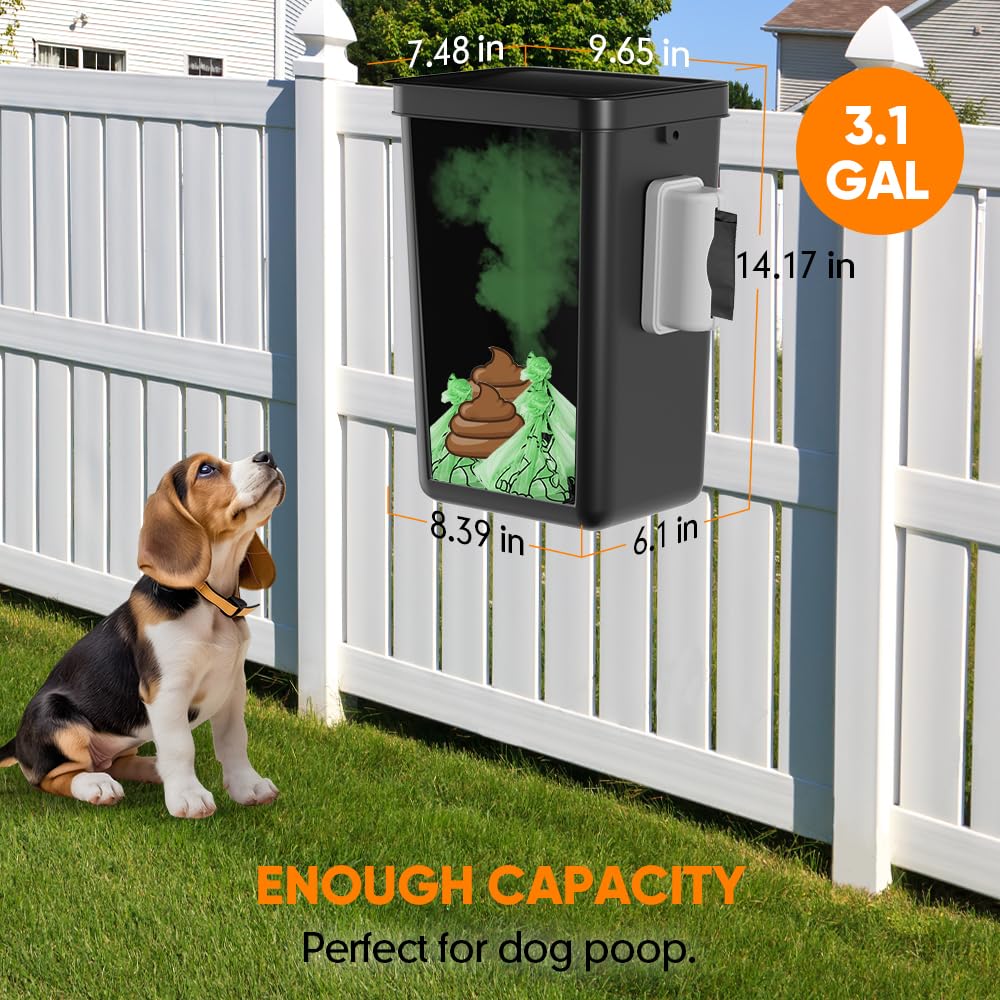 Sleek black hanging trash can fits fences, walls, and small outdoor spaces.