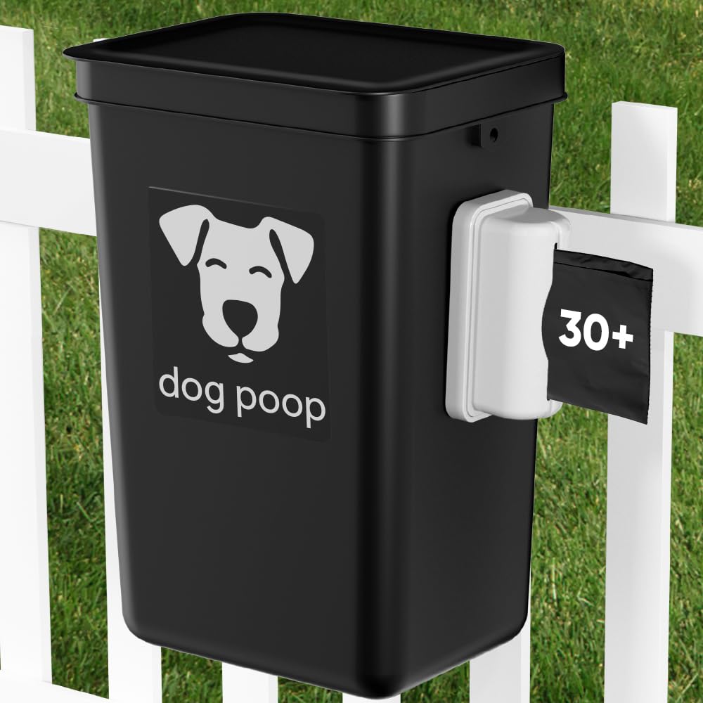 Moryimi outdoor dog poop trash can mounted on fence with lid for tidy disposal.