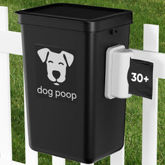 Moryimi outdoor dog poop trash can mounted on fence with lid for tidy disposal.