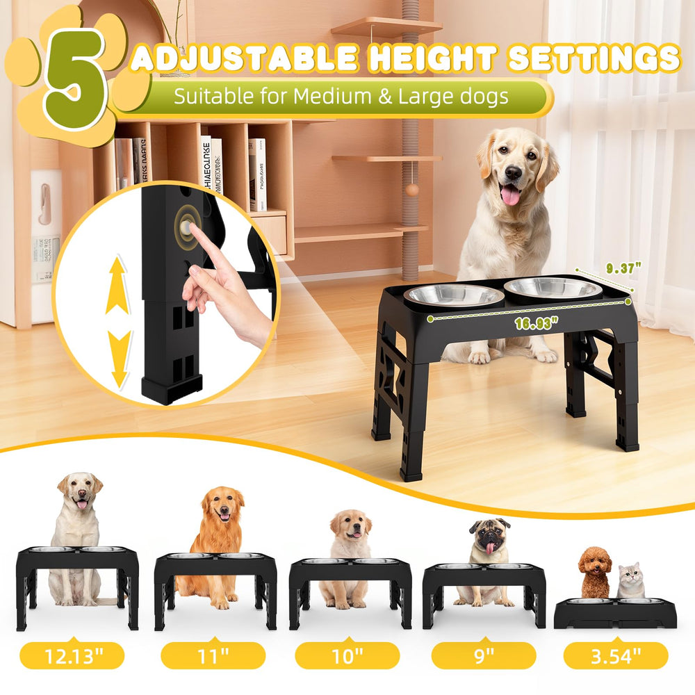 Moserein elevated dog bowls height adjustment demonstrates five-height range for growing dogs.