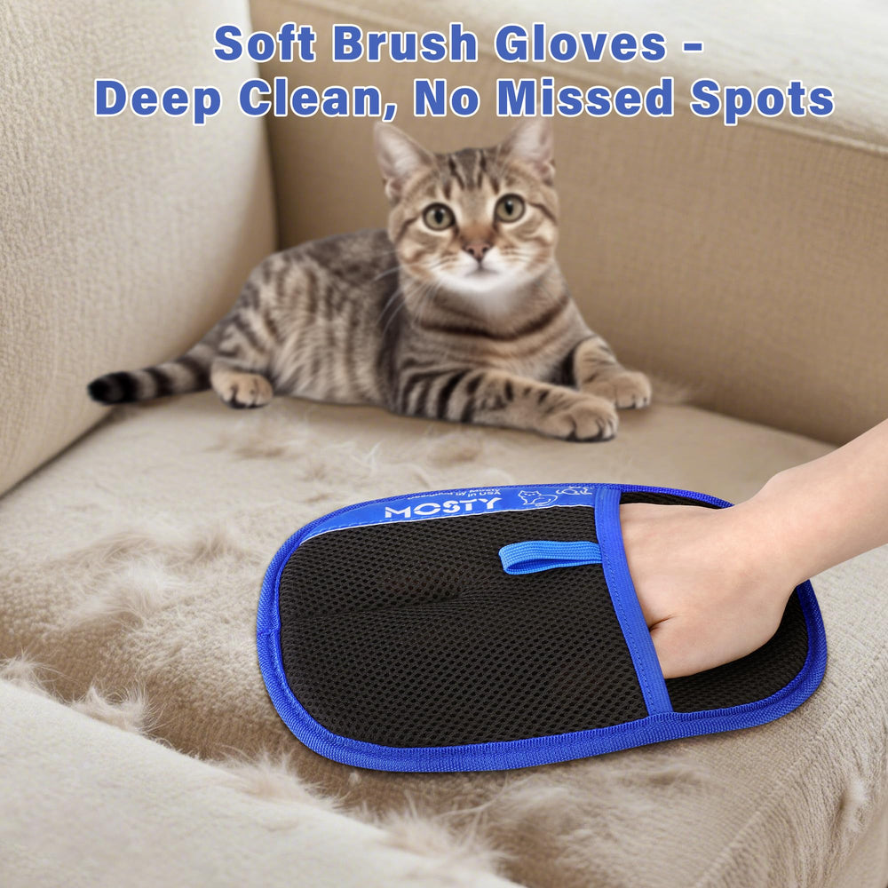 MOSTY Pet Hair Removal Glove on sofa shows quick fur removal