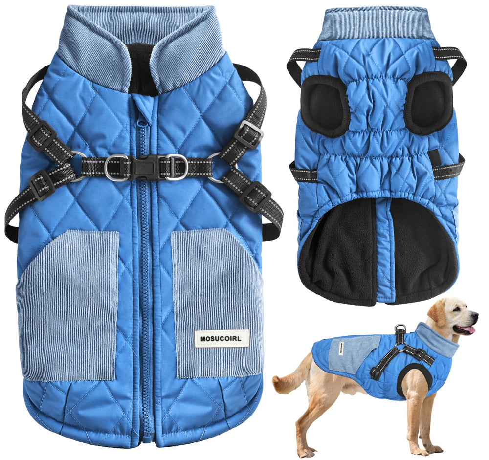 Mosucoirl Warm Dog Coat front view shows snug, weatherproof protection for snowy walks.