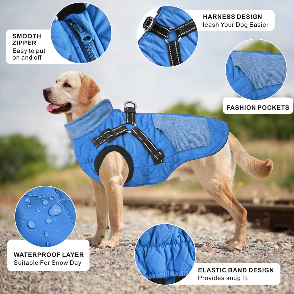 Mosucoirl Warm Dog Coat harness detail with detachable towing buckle for versatility.