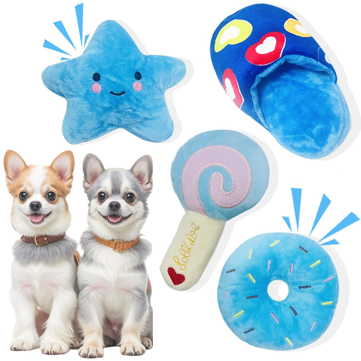 MOSYZEO blue stars toy with squeaker for small dog playtime