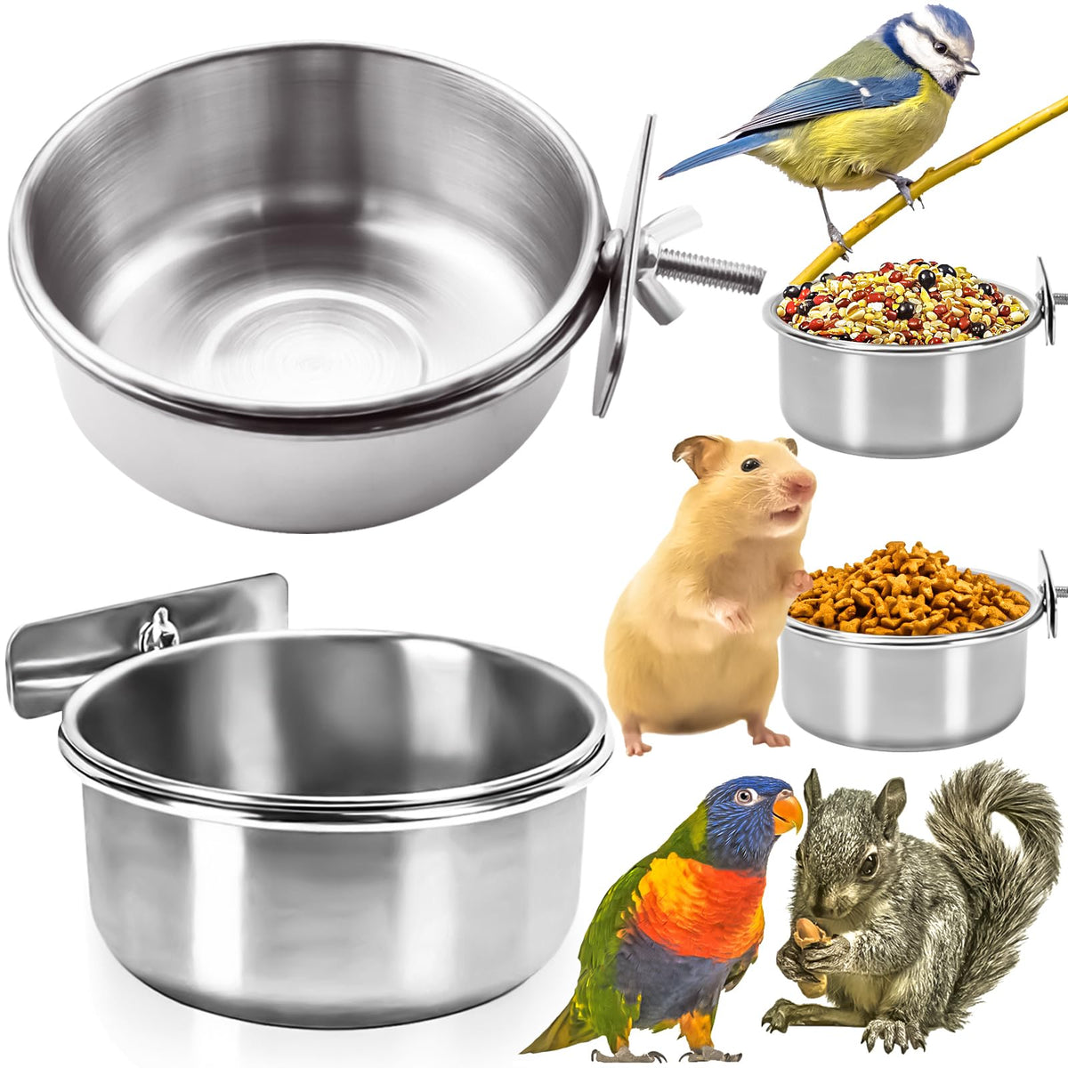 MotBach bird bowl clip-on attachment secured to a cage for steady feeding.