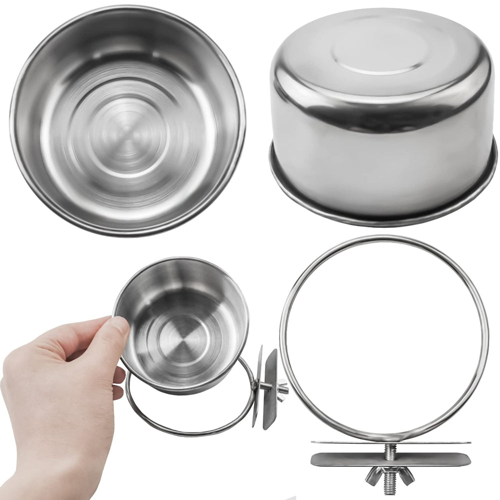 MotBach clamp system secures bowls inside or outside the cage for spill prevention.