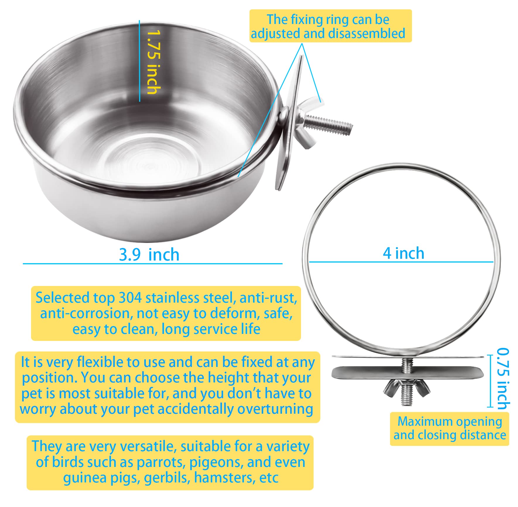MotBach bird bowl height 4-5cm fits compact cages and keeps food accessible.