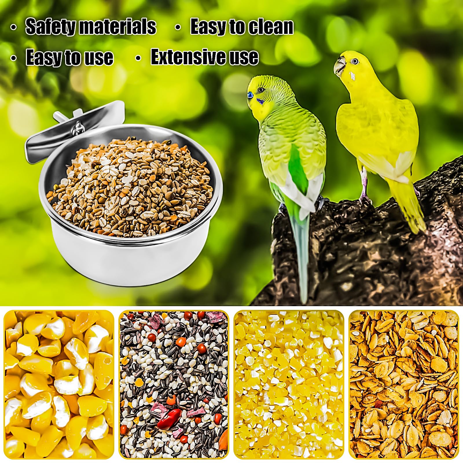 MotBach bird food-water dish close-up highlights hygienic stainless steel surface.