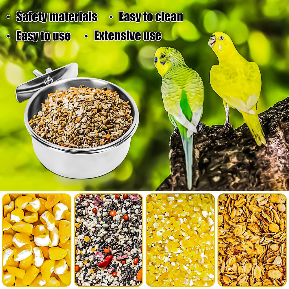 MotBach bird food-water dish close-up highlights hygienic stainless steel surface.
