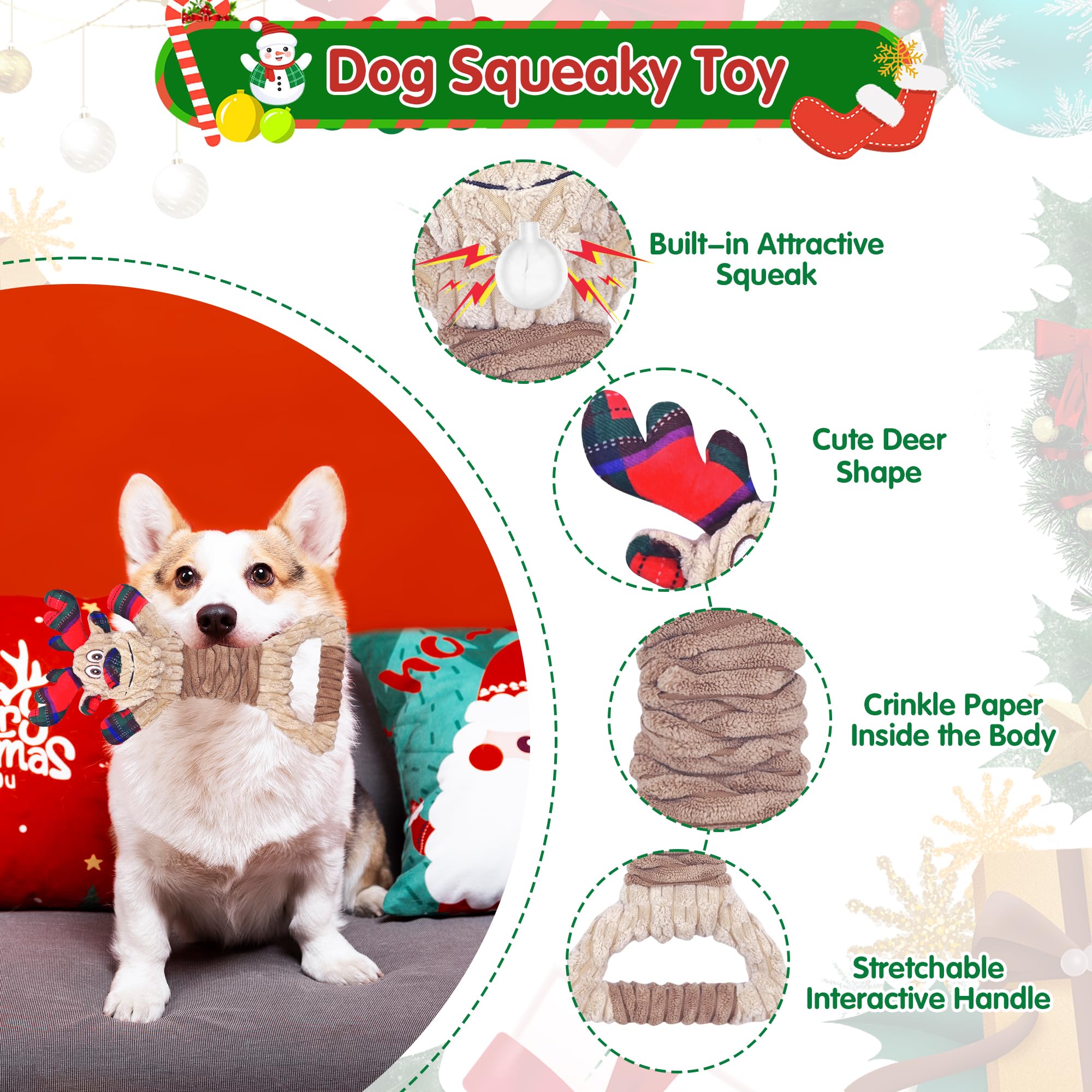 Motsamla Christmas dog toy plush with crinkle tail for multi-sensory engagement.