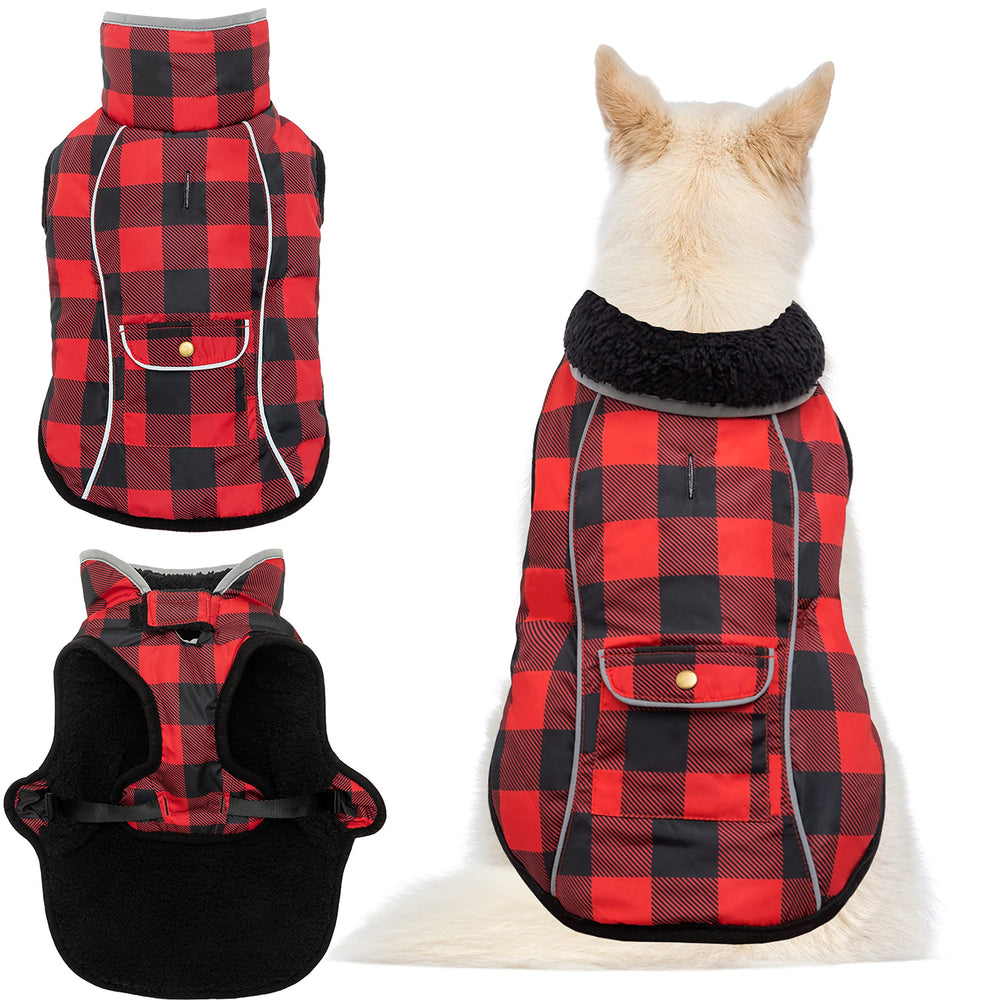 MOTZABO dog winter coat front view shows windproof shell and cozy fleece lining.