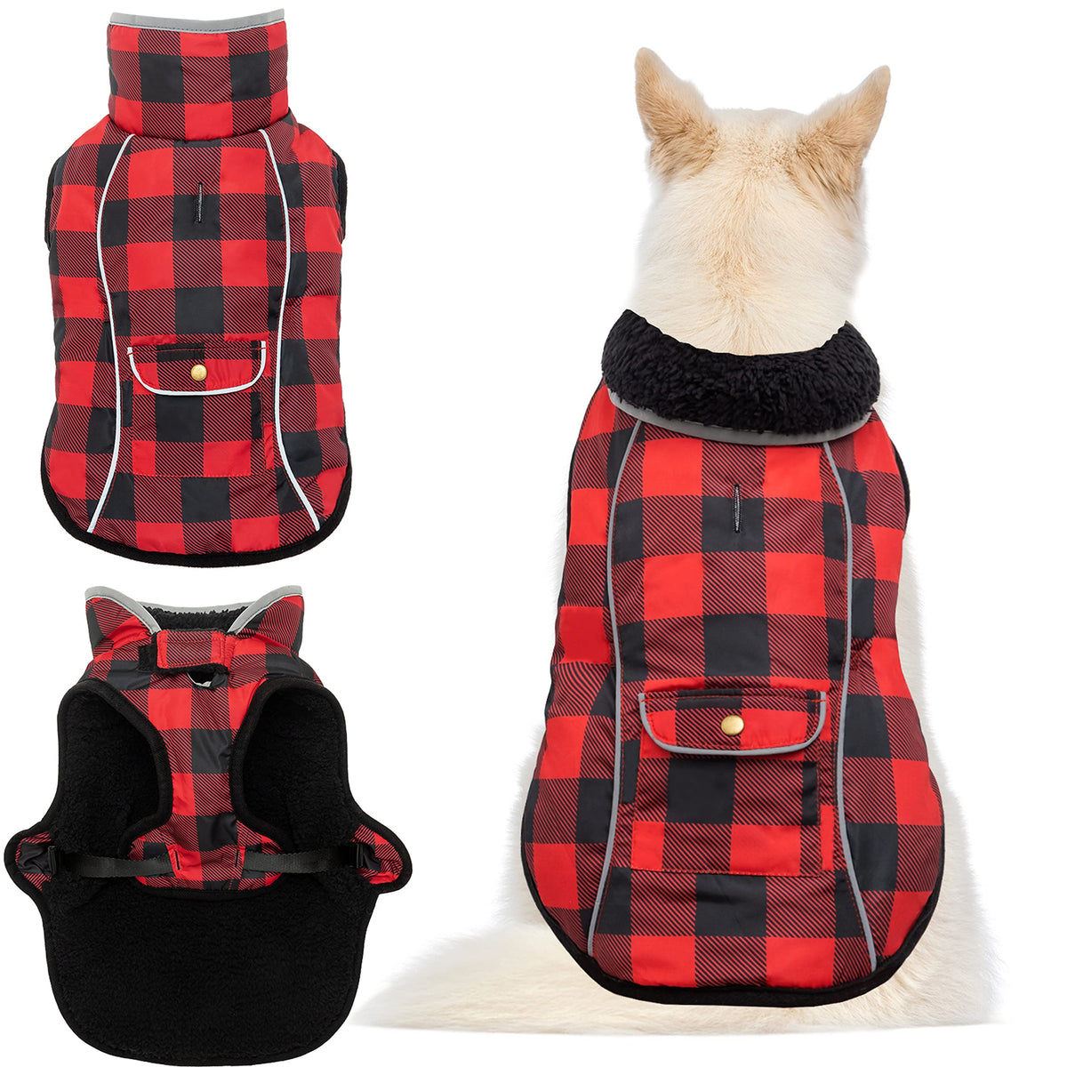 MOTZABO dog winter coat front view shows windproof shell and cozy fleece lining.